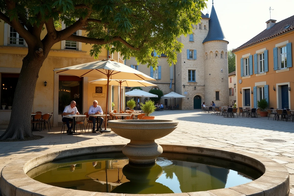 Place du Château de Gordes avec sa fontaine en pierre, terrasse de café animée et façade médiévale emblématique du village provençal
