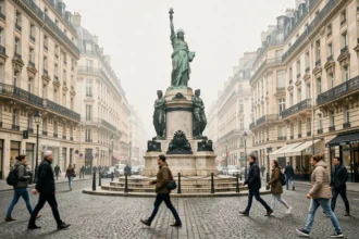 Vue grand angle de la Place de la République à Paris avec la statue de Marianne et les bâtiments haussmanniens en arrière-plan