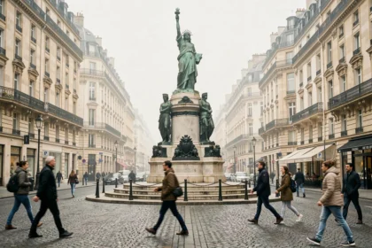 Vue grand angle de la Place de la République à Paris avec la statue de Marianne et les bâtiments haussmanniens en arrière-plan