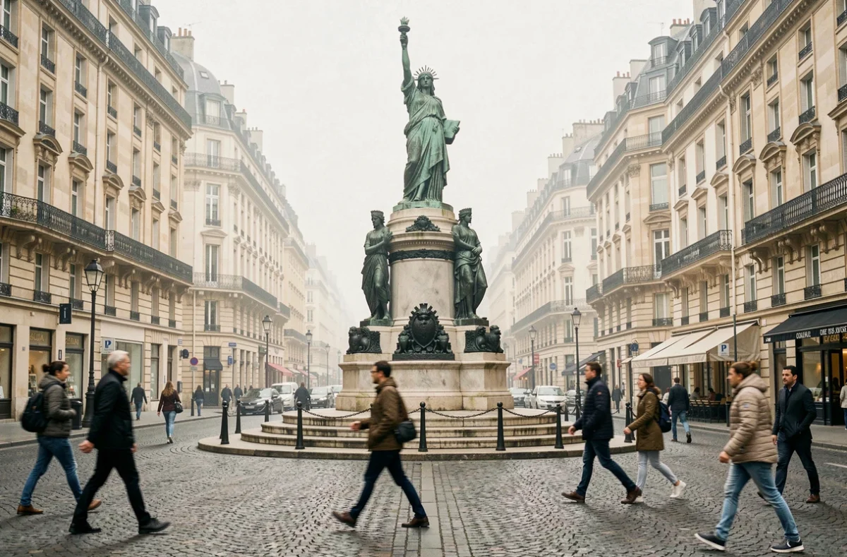 Vue grand angle de la Place de la République à Paris avec la statue de Marianne et les bâtiments haussmanniens en arrière-plan