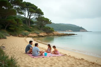 Famille profitant d'un pique-nique sur la plage de Conleau à Vannes, entourée de pins bretons et d'eaux calmes de l'estuaire