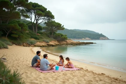 Famille profitant d'un pique-nique sur la plage de Conleau à Vannes, entourée de pins bretons et d'eaux calmes de l'estuaire