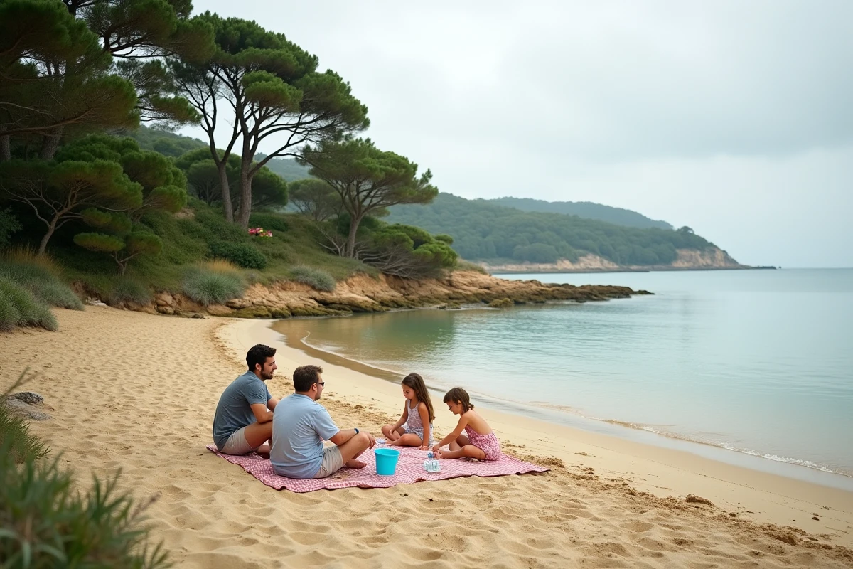 Famille profitant d'un pique-nique sur la plage de Conleau à Vannes, entourée de pins bretons et d'eaux calmes de l'estuaire