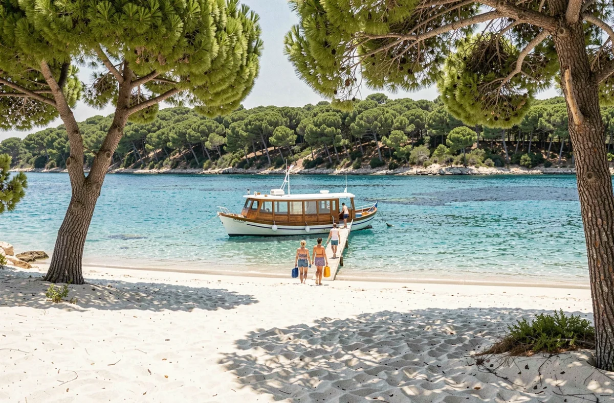 Plage sauvage de Porquerolles avec un petit bateau ancré au large et des vacanciers débarquant sur le sable blanc