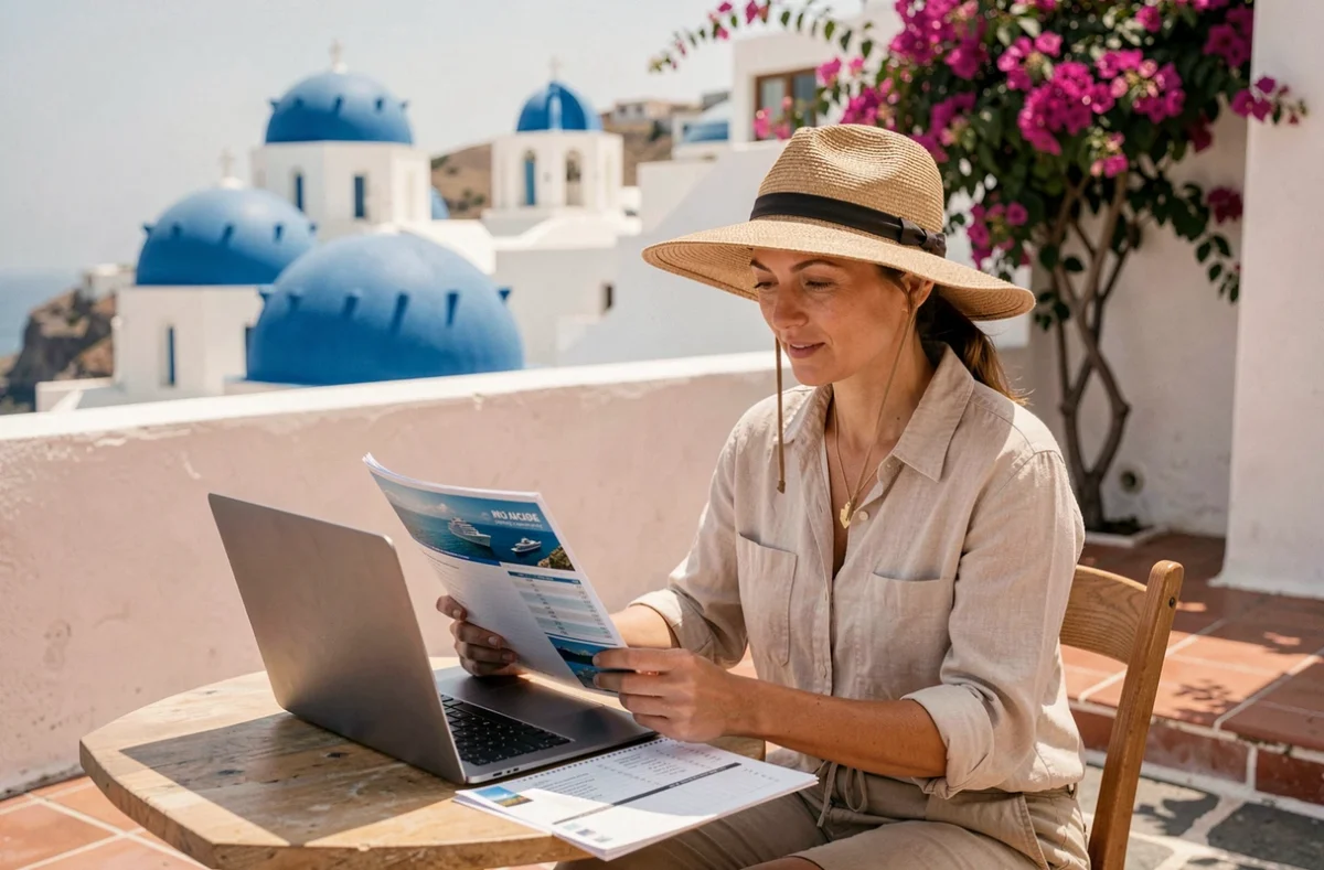 Voyageuse planifiant sa croisière dans les îles grecques depuis une terrasse à Santorin
