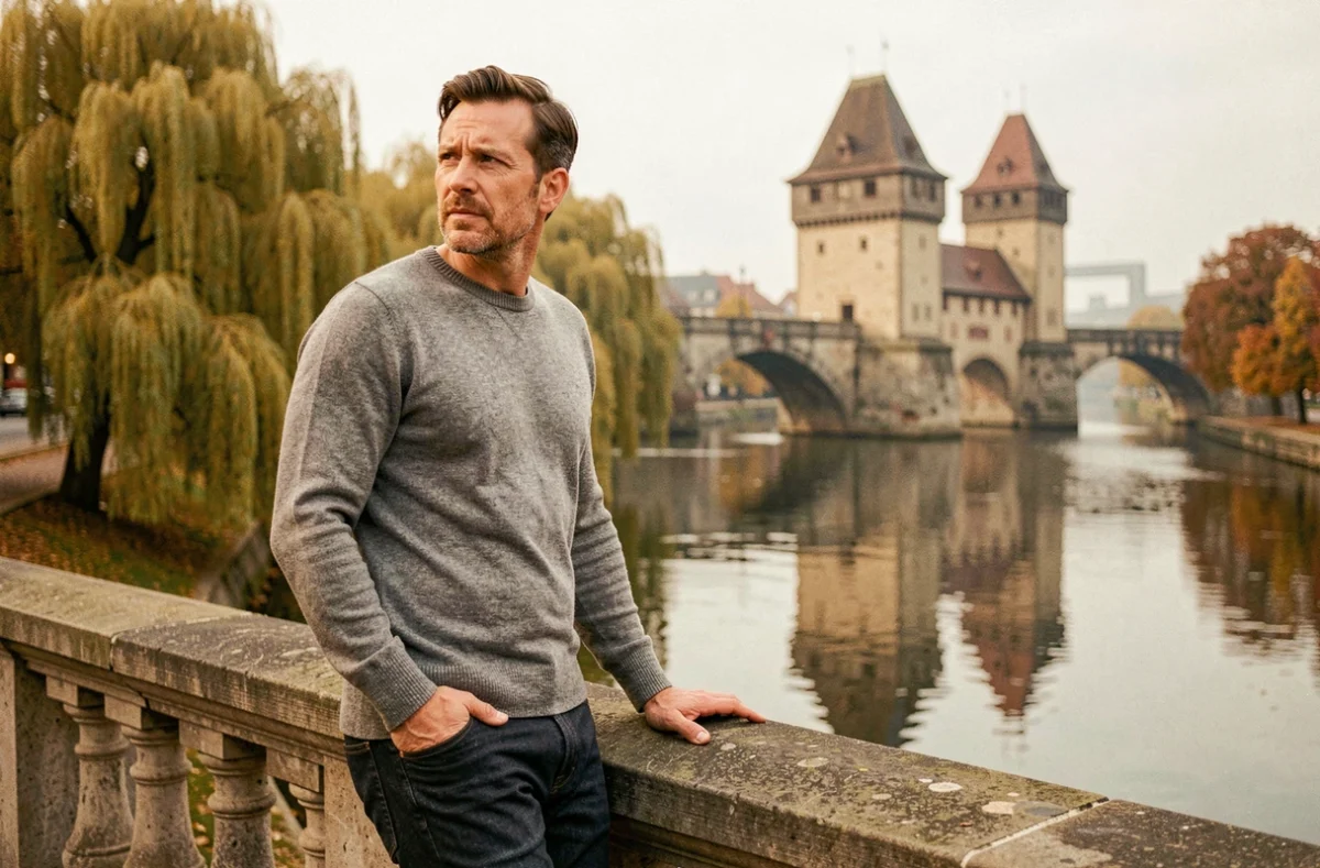 Touriste contemplant les Ponts Couverts et les tours médiévales de Strasbourg depuis la balustrade en pierre, reflets dans l'Ill