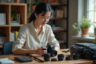 Photographe préparant son matériel photo avant un voyage, vérifiant son appareil photo sur une table de travail en bois avec accessoires et sacs organisés
