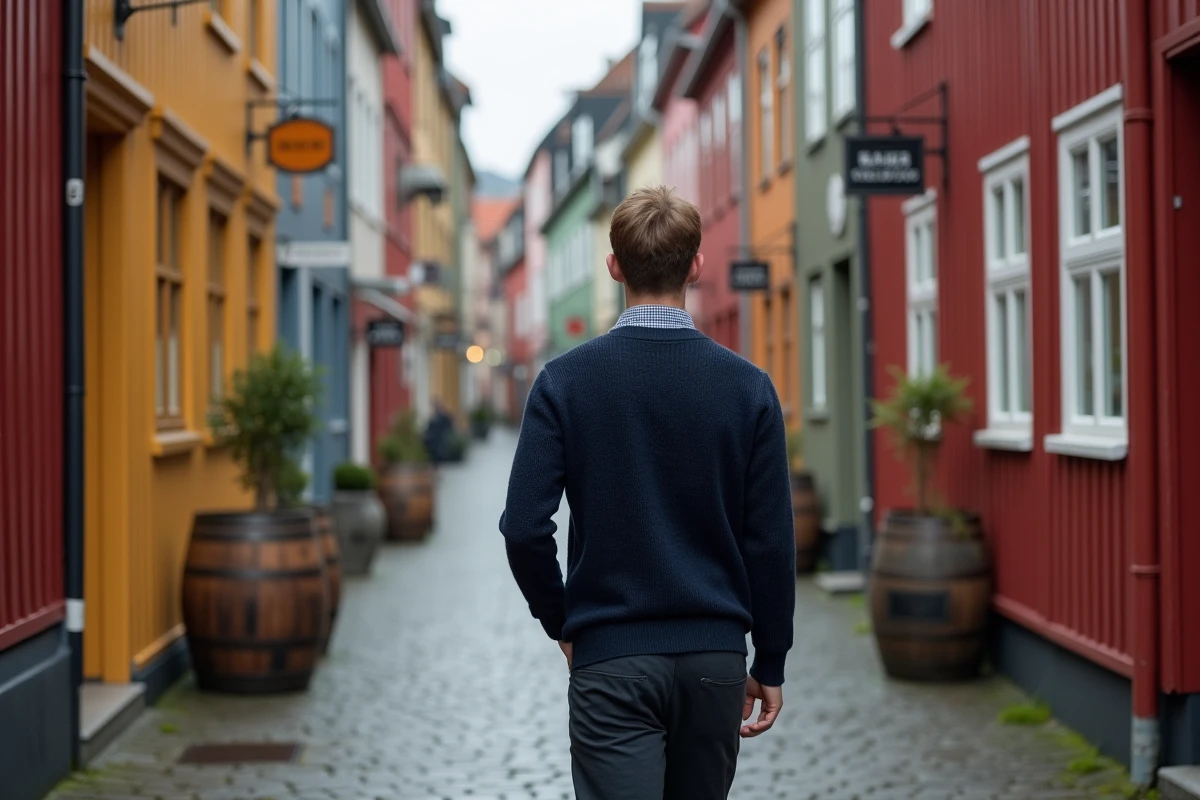 Homme se promenant sur le quai historique de Bryggen à Bergen avec ses maisons en bois colorées classées au patrimoine mondial de l'UNESCO