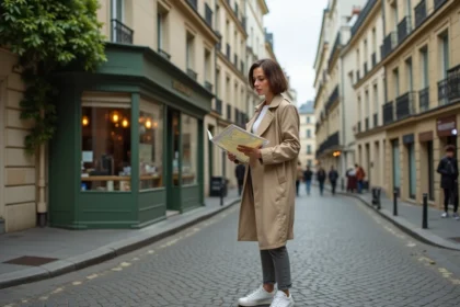 Femme consultant une carte à pied dans les ruelles pavées de Montmartre à Paris
