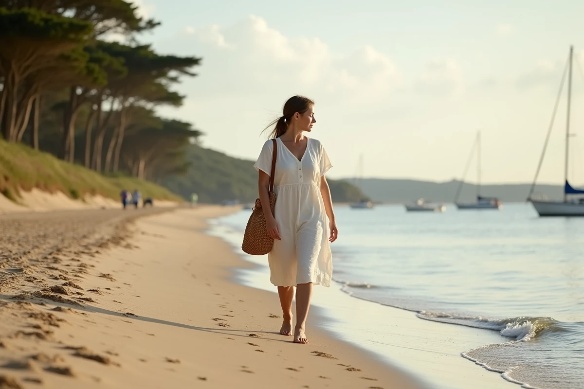 Femme se promenant pieds nus sur le sable mouillé de la plage de Conleau à Vannes avec des voiliers en arrière-plan