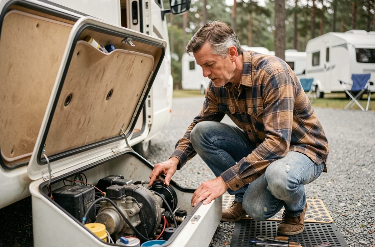 Propriétaire de camping-car Hymer inspectant le compartiment de rangement lors d'une maintenance en camping