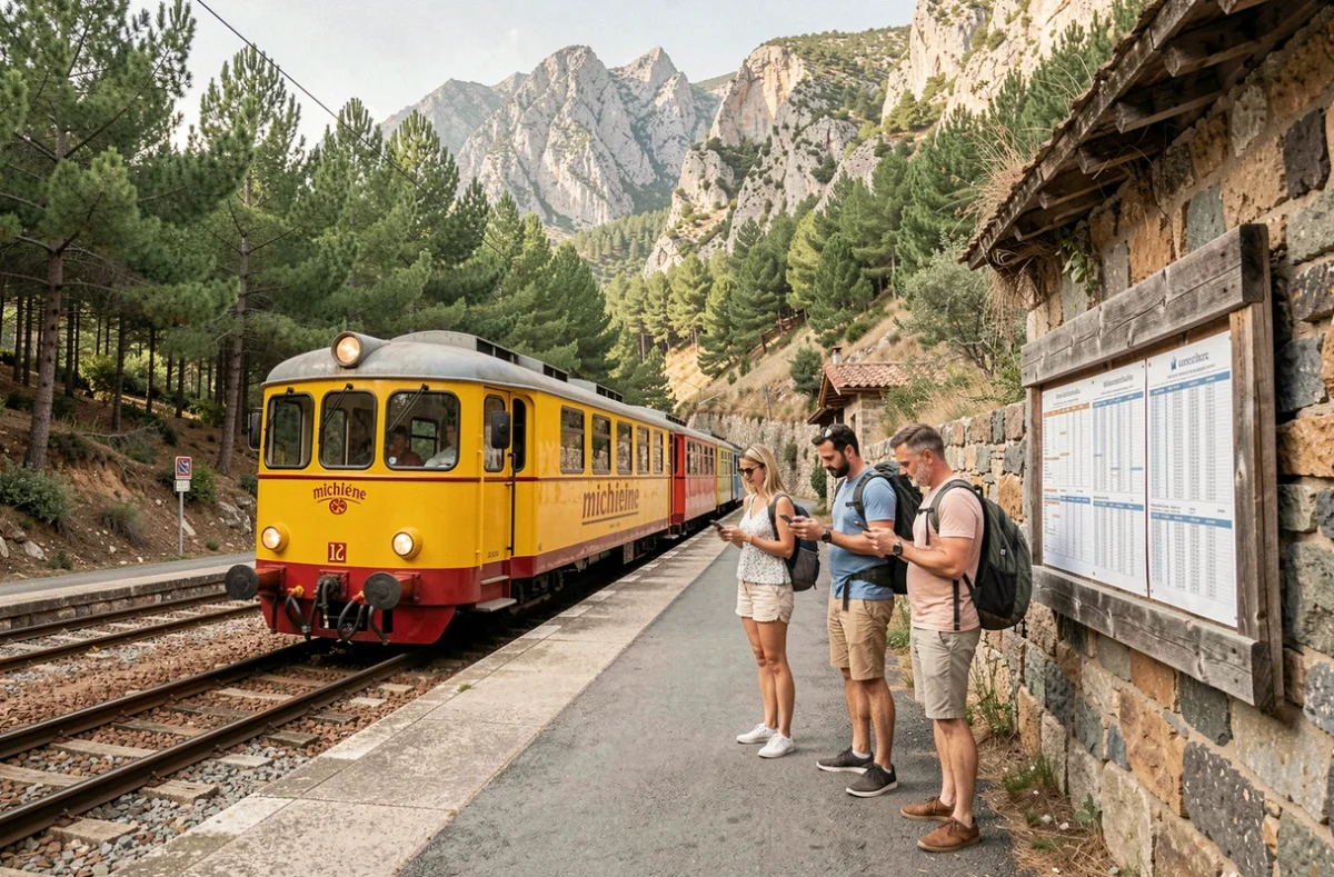 Touristes sur un quai de gare corse devant la micheline avec affichage des horaires et tarifs