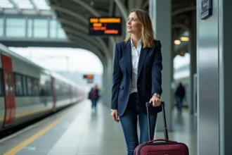 Voyageuse avec valise sur le quai de la gare de Gatwick Airport attendant le train vers le centre de Londres
