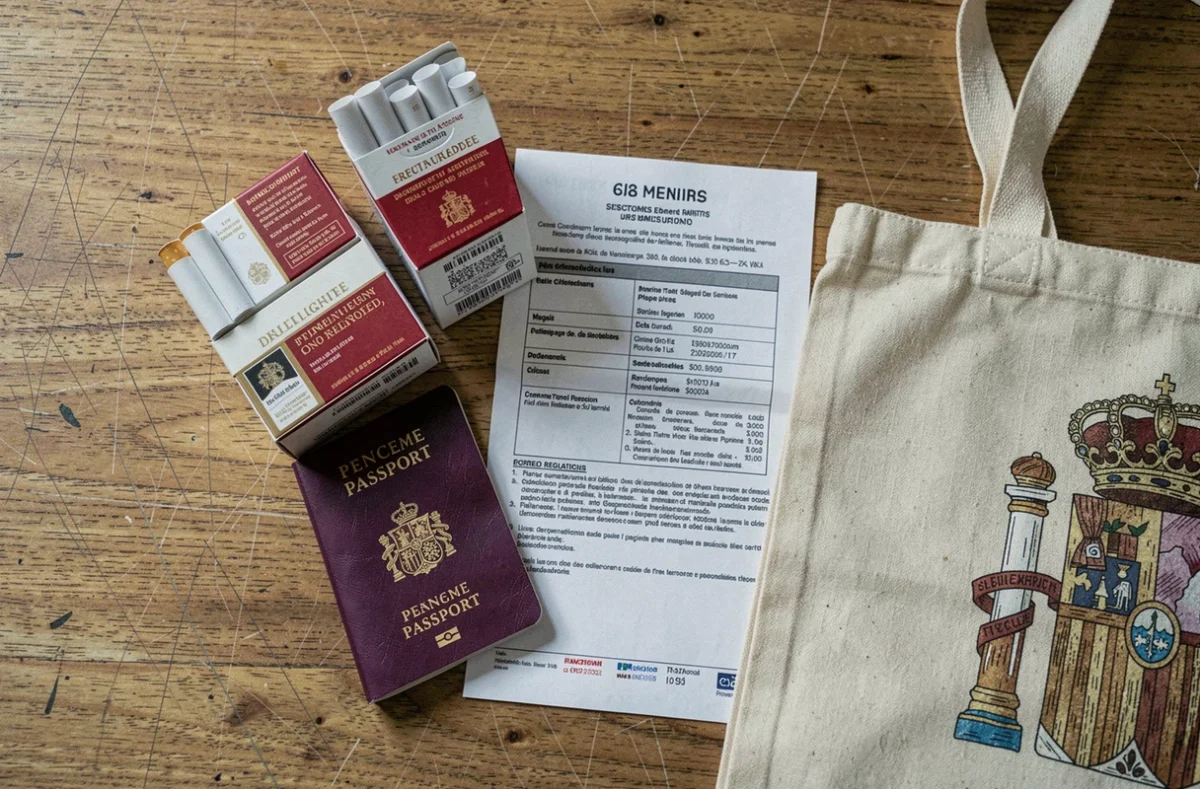 Cartouches de cigarettes espagnoles posées sur une table avec un passeport français et la réglementation douanière