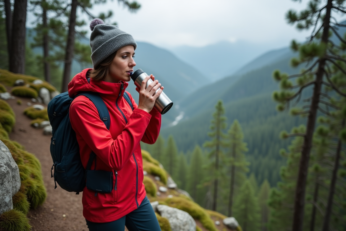 Jeune femme en randonnée buvant dans une gourde en forêt