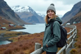 Femme en randonnée sur un sentier côtier norvegien