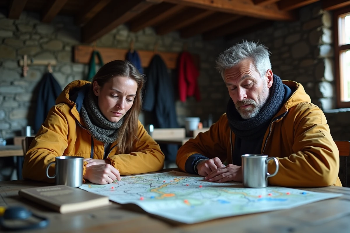 Deux randonneurs épuisés dans un refuge du GR20 étudiant la carte en silence, illustrant l'accumulation de fatigue mentale et physique sur plusieurs jours de trek