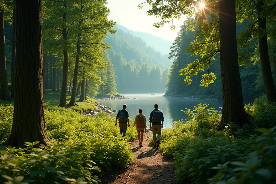Randonneurs dans une forêt verdoyante avec rivière en arrière-plan