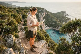 Randonneuse solitaire consultant une carte sur le sentier côtier de Capu di Muru en Corse, avec une crique turquoise visible en contrebas