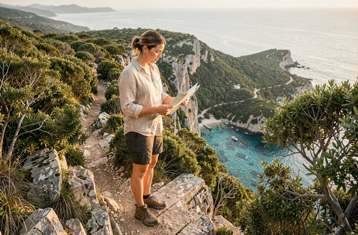 Randonneuse solitaire consultant une carte sur le sentier côtier de Capu di Muru en Corse, avec une crique turquoise visible en contrebas