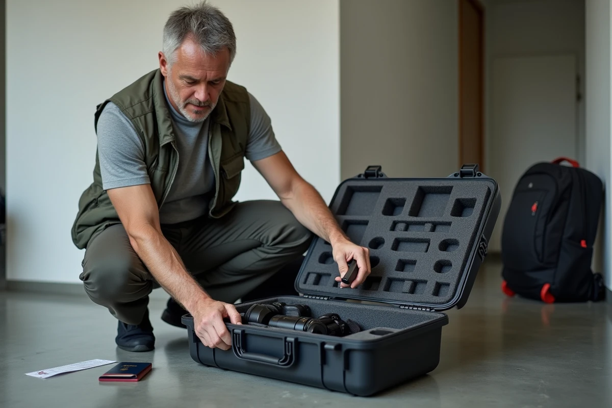 Voyageur photographe organisant son matériel dans une valise rigide rembourrée avant un départ en voyage photo