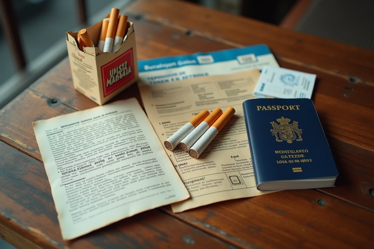 Paquets de cigarettes, passeport européen et brochure douanière espagnole posés sur une table en bois