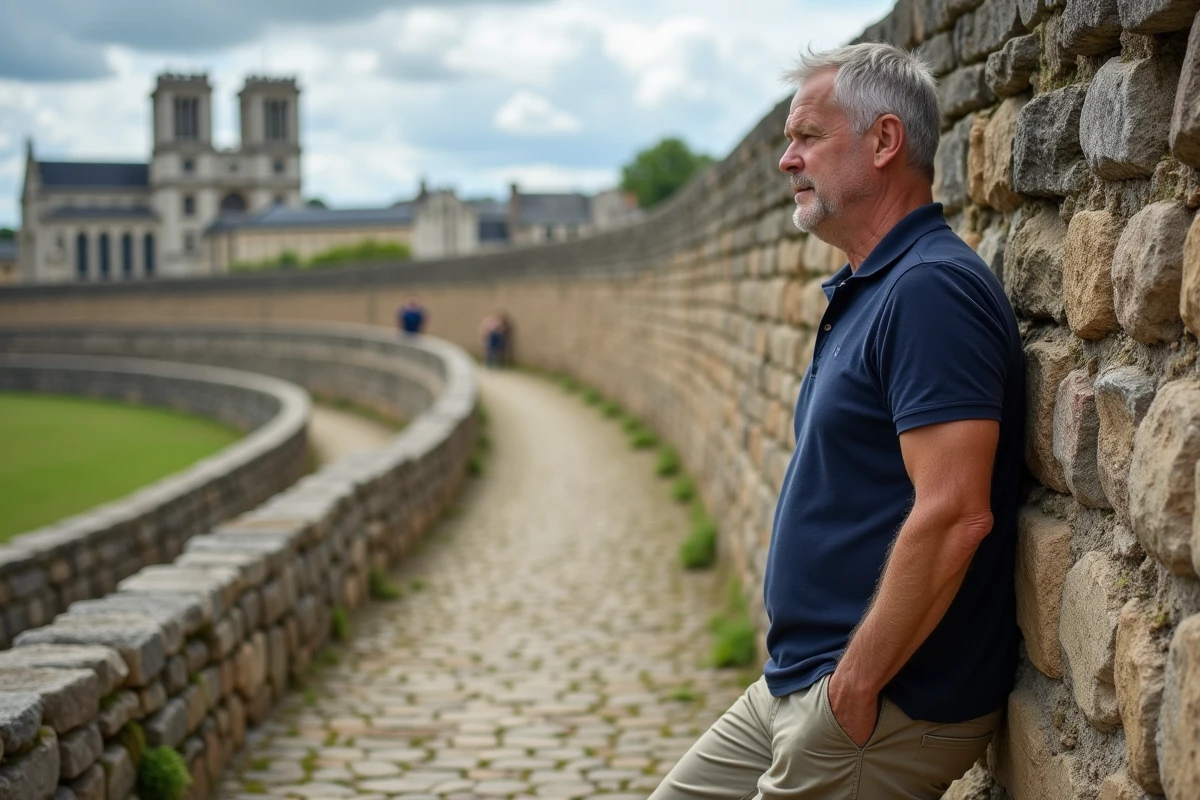 Visiteur longeant les remparts gallo-romains emblématiques de la ville du Mans