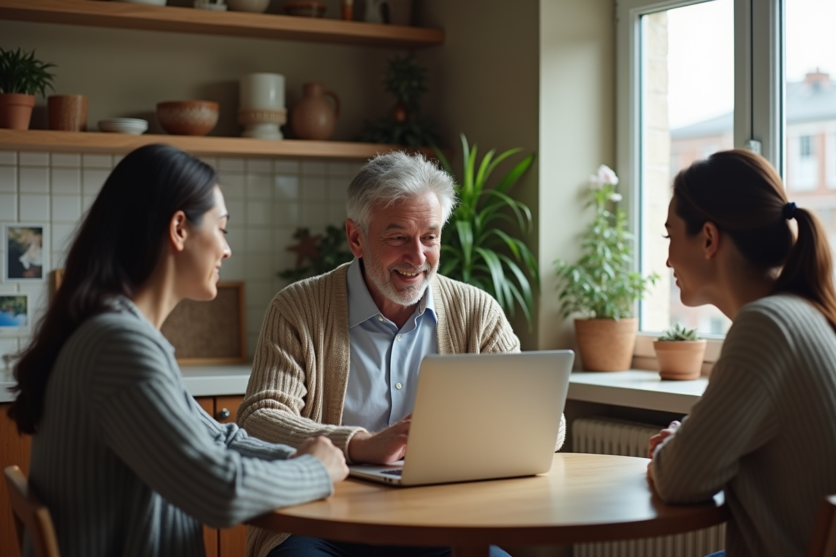 Homme montrant un ordinateur à un couple dans la cuisine