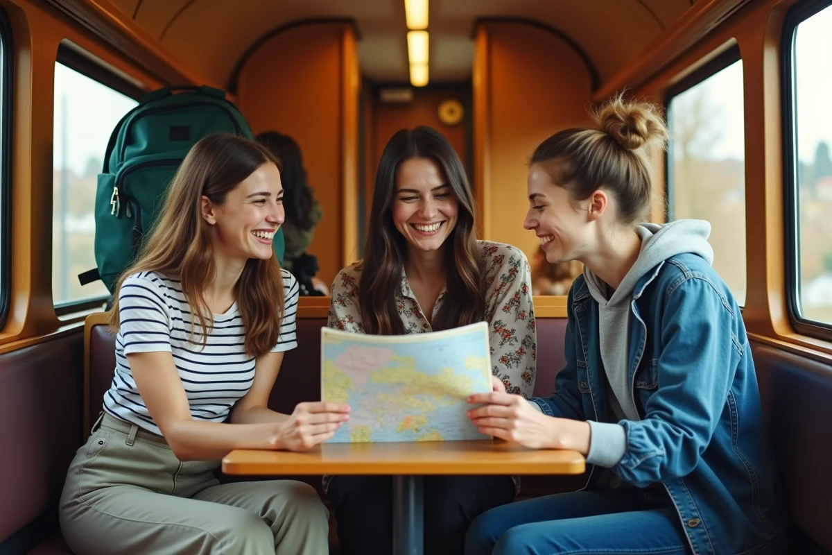 Groupe de jeunes voyageurs se rencontrant dans un compartiment de train Eurail en Europe