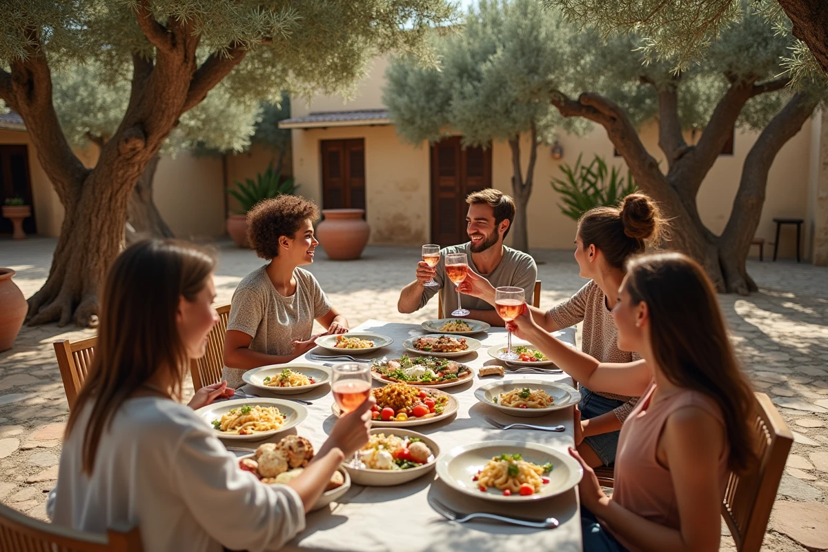 Repas en famille dans la cour d'une masseria traditionnelle des Pouilles entourée d'oliviers