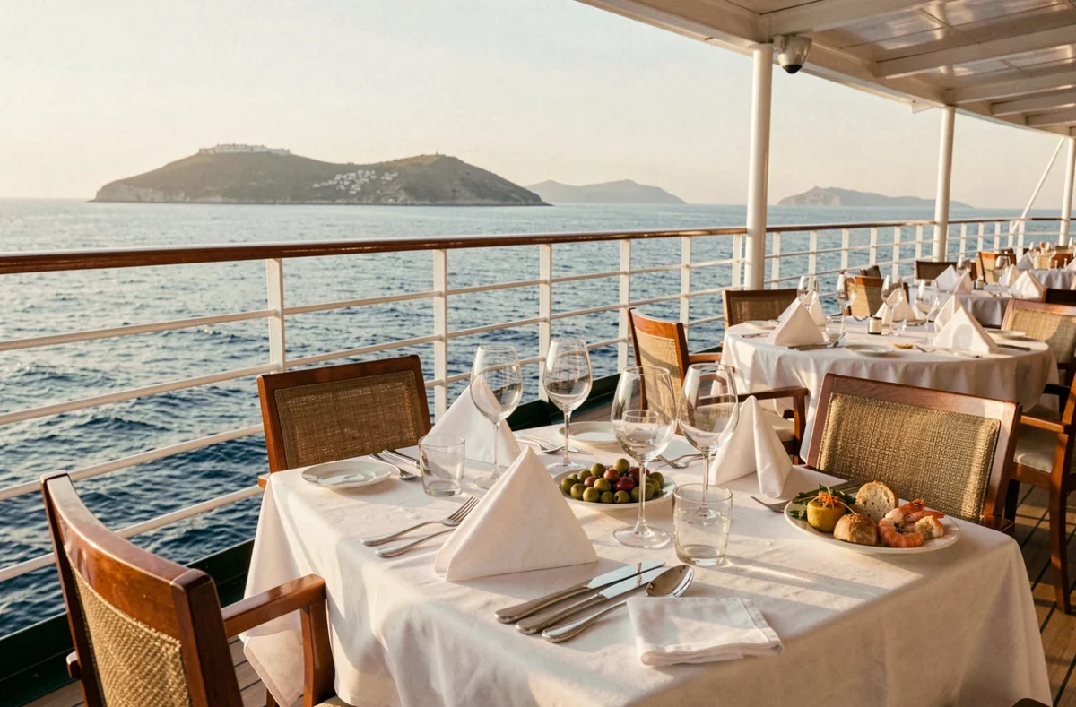 Restaurant gastronomique en plein air sur le pont d'un bateau de croisière Club Med avec vue sur la mer Égée