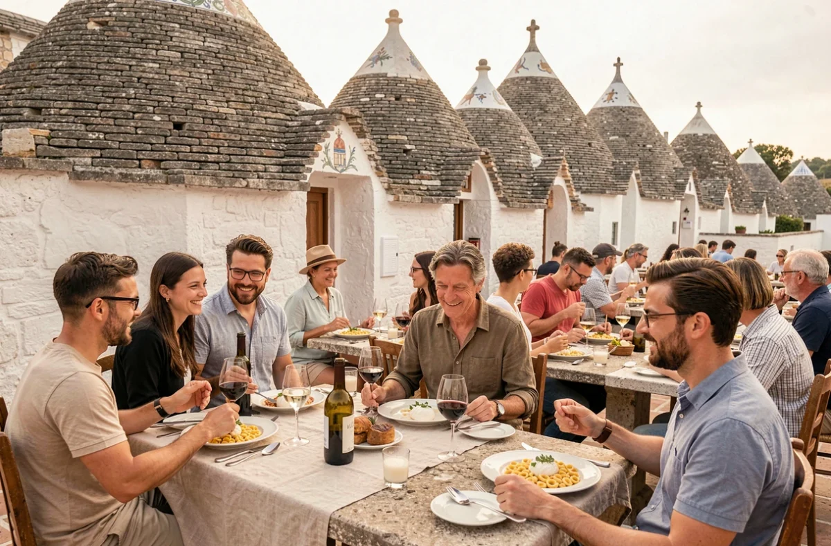 Touristes attablés en terrasse dans un restaurant traditionnel d'Alberobello face aux trulli du Rione Monti en Pouilles