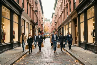 Rue pavée de SoHo New York en automne avec façades en fonte ornementale et piétons élégants portant des sacs de boutiques de luxe