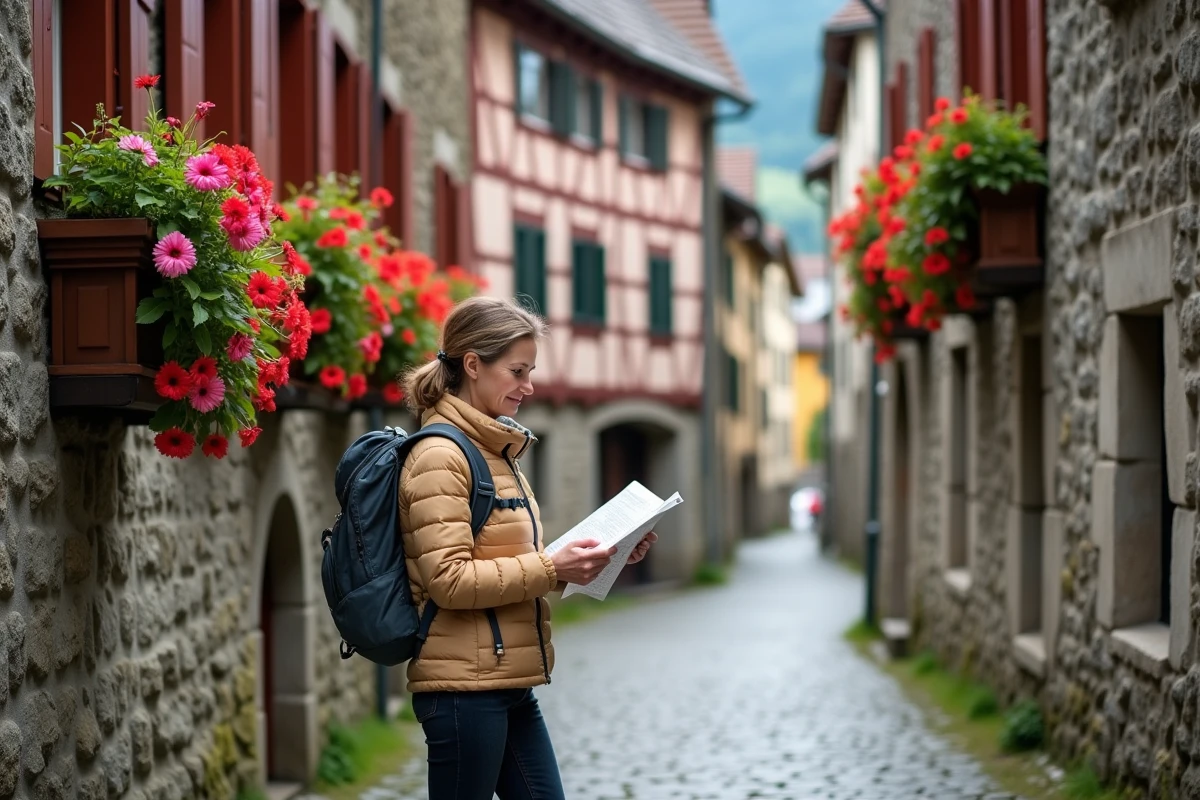 Touriste consultant une carte dans une ruelle pavée de Hallstatt avec des maisons à géraniums et sans foule
