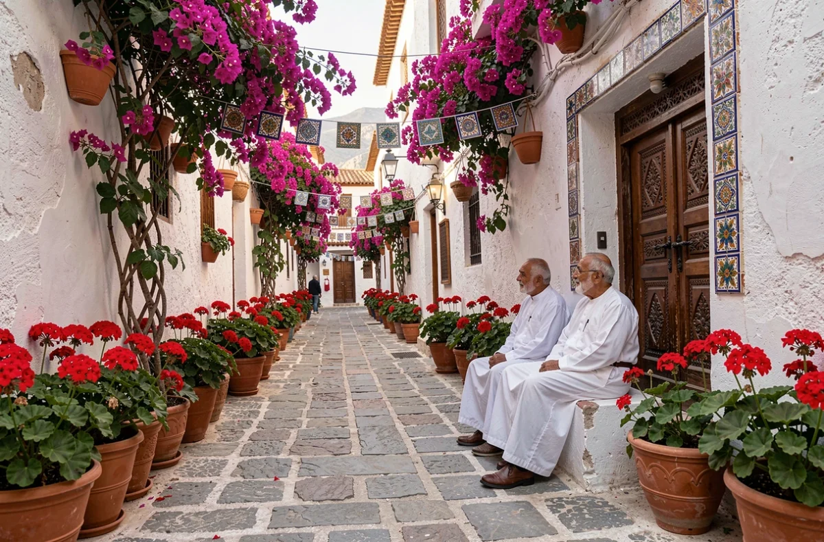 Ruelle de médina marocaine décorée de géraniums et bougainvilliers en fleurs au printemps avec deux hommes en djellaba