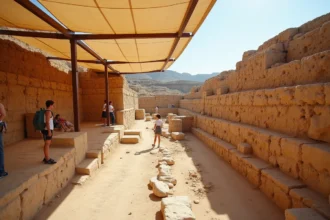 Ruines archéologiques d'Akrotiri à Santorin avec vestiges de murs en pierre et visiteurs explorant le site sous une structure couverte