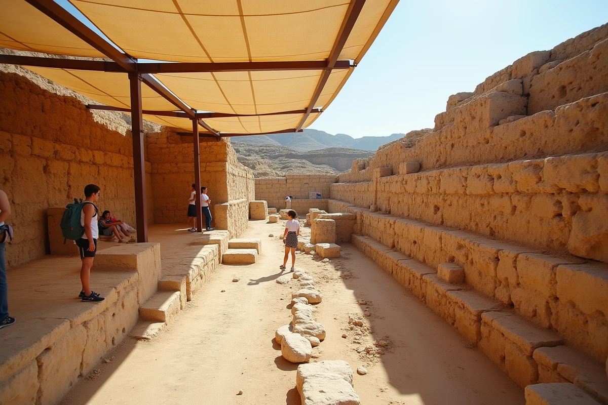 Ruines archéologiques d'Akrotiri à Santorin avec vestiges de murs en pierre et visiteurs explorant le site sous une structure couverte