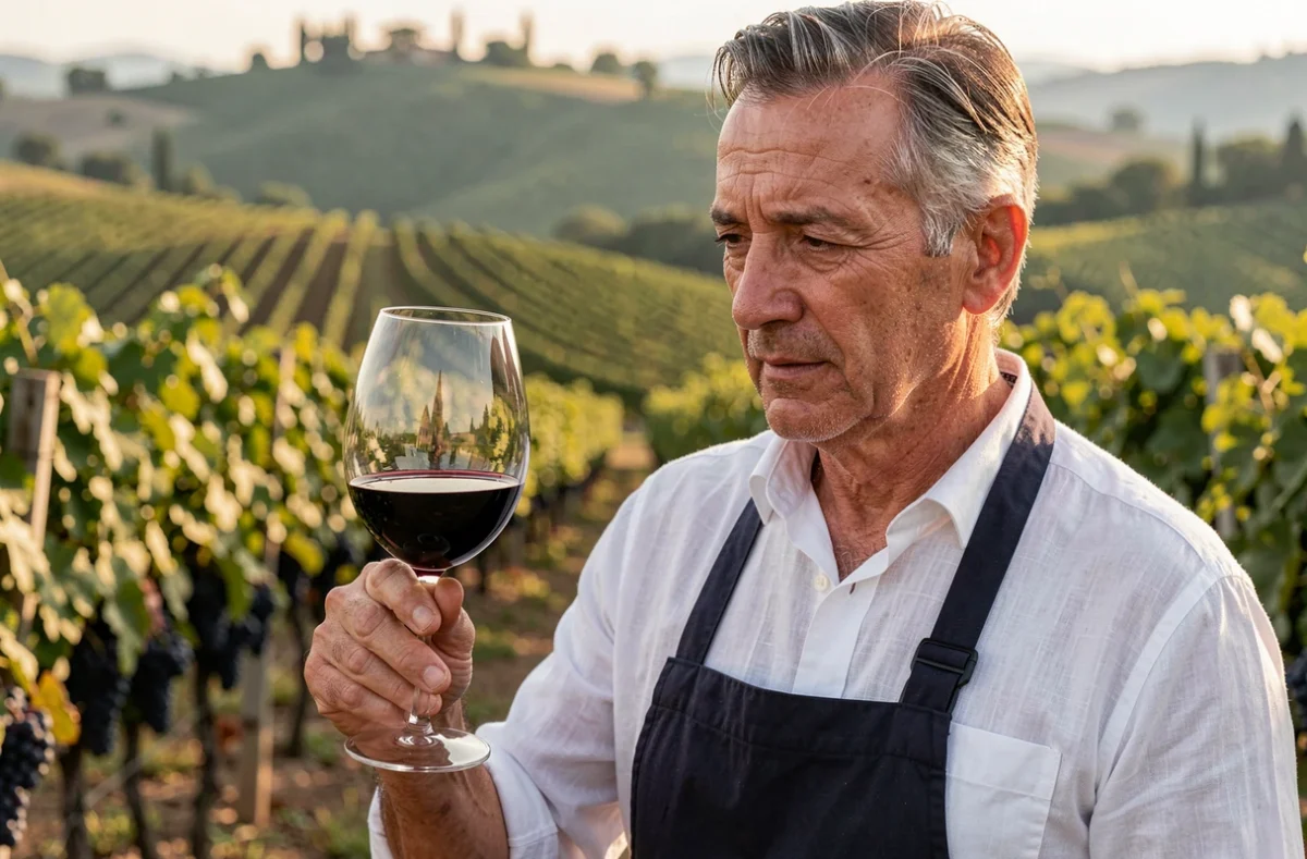 Sommelier toscan examinant un verre de Chianti Classico devant des vignes en Toscane