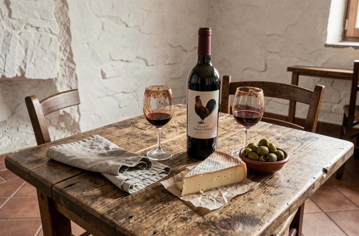 Table rustique d'une osteria toscane avec une bouteille de Chianti Classico Gallo Nero, fromage Pecorino et olives