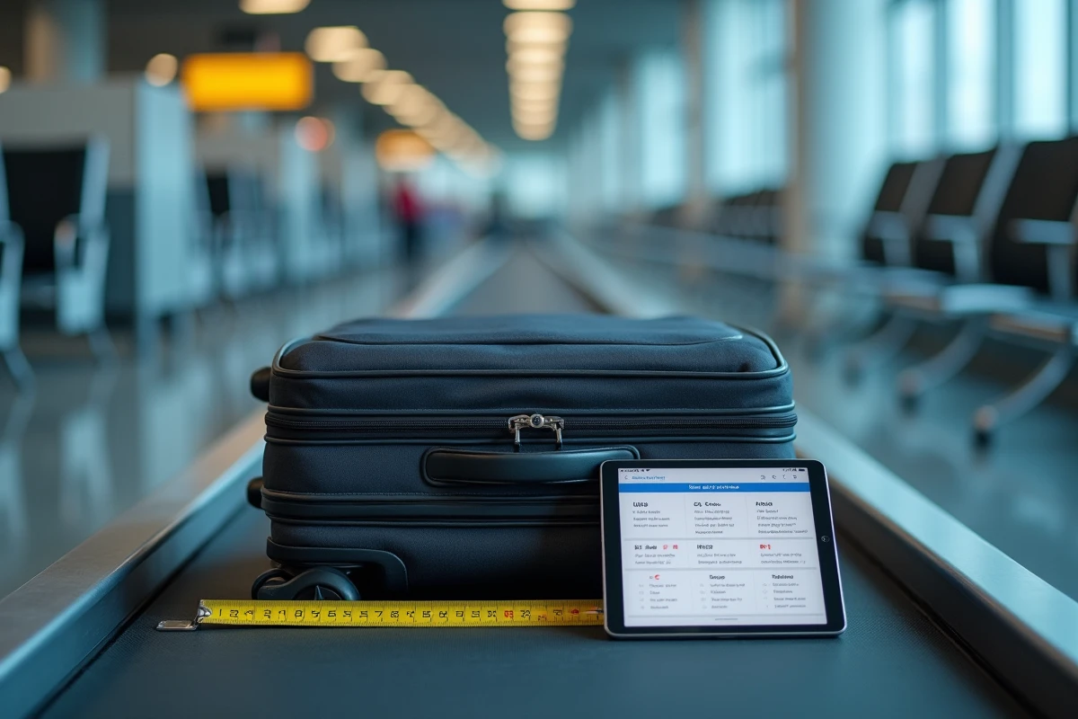 Valise cabine posée à côté d'un mètre ruban et d'un comparatif de dimensions de compagnies aériennes
