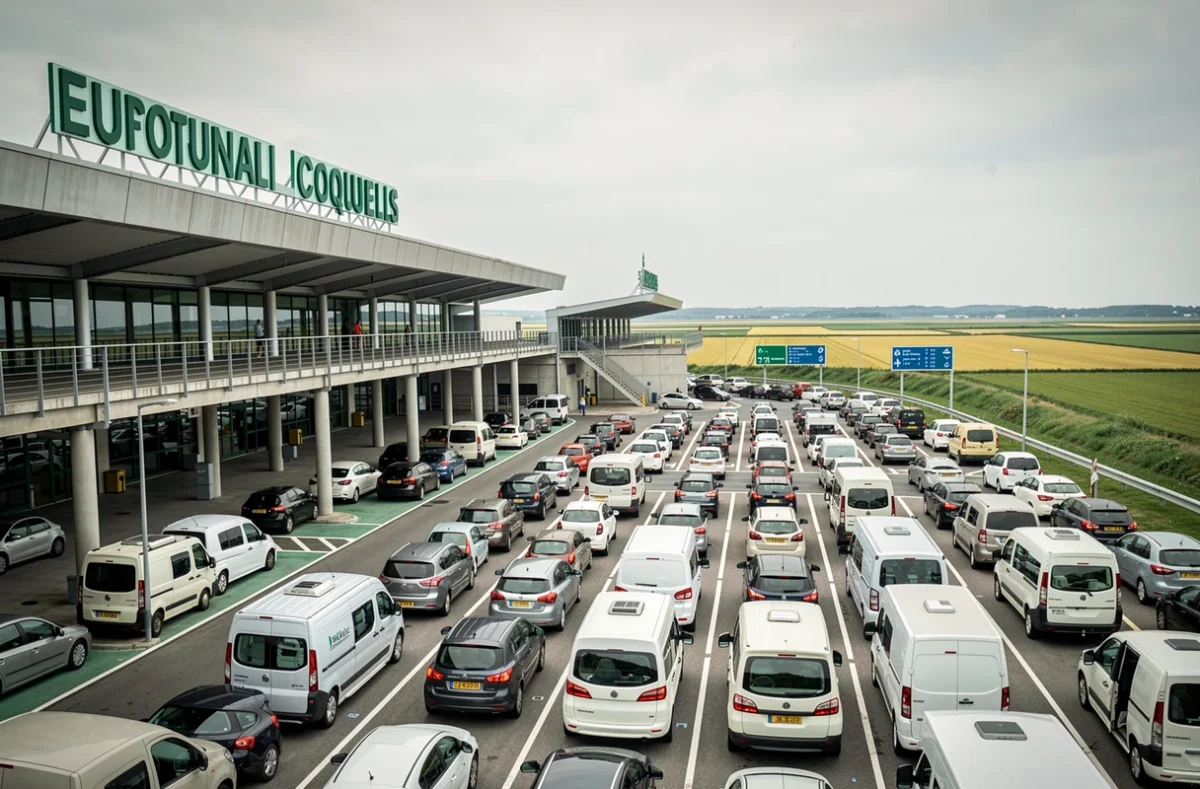 Vue aérienne du terminal Eurotunnel à Coquelles avec files de voitures en été illustrant les variations de prix selon les saisons