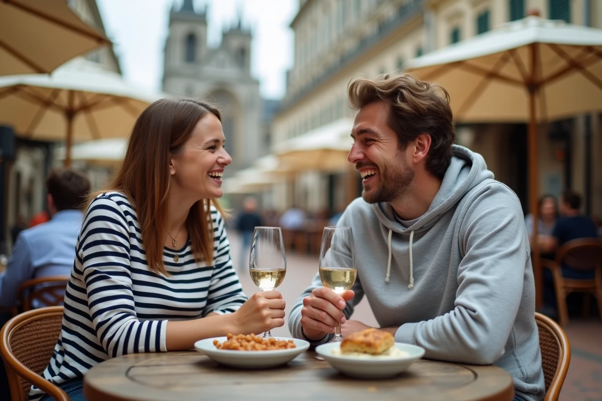 Deux amis dégustant des rillettes du Mans en terrasse au pied de la cathédrale Saint-Julien