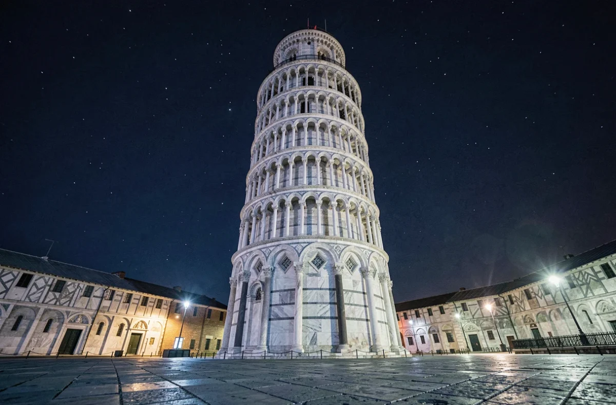 La tour de Pise photographiée de nuit en contre-plongée, façade en marbre blanc se découpant sur un ciel nocturne étoilé