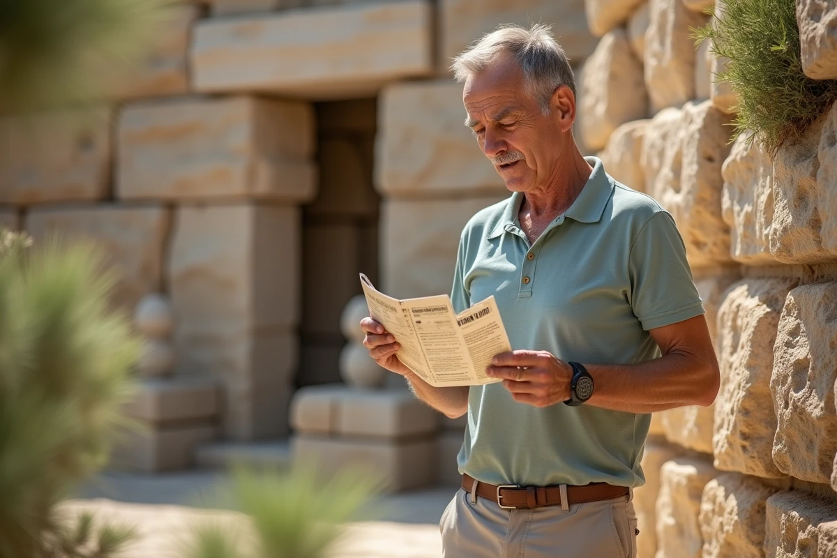Touriste consultant la carte Le Petit Maltais devant les temples mégalithiques de Mnajdra à Malte