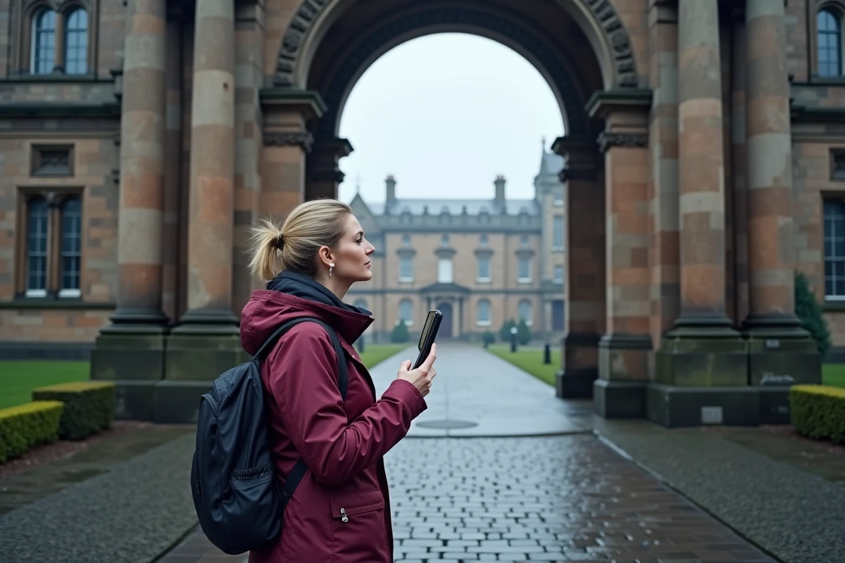 Femme touriste admirant la façade historique du Trinity College Dublin lors d'une visite matinale