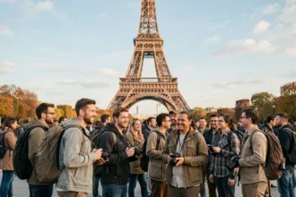 Groupe de touristes internationaux devant la Tour Eiffel à Paris, destination la plus visitée au monde en 2026