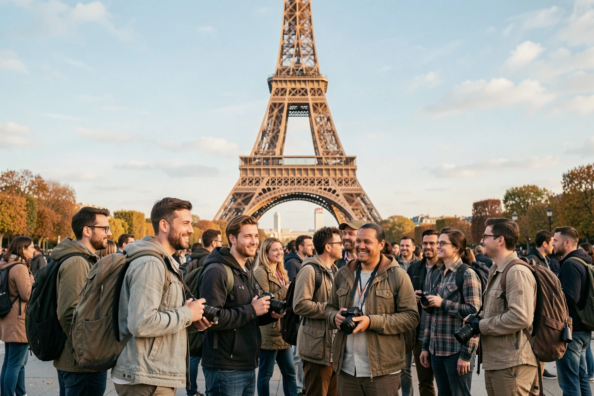 Groupe de touristes internationaux devant la Tour Eiffel à Paris, destination la plus visitée au monde en 2026