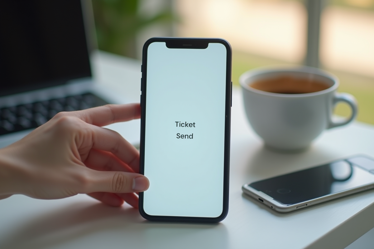 Smartphone avec écran de transfert de billet numérique sur un bureau