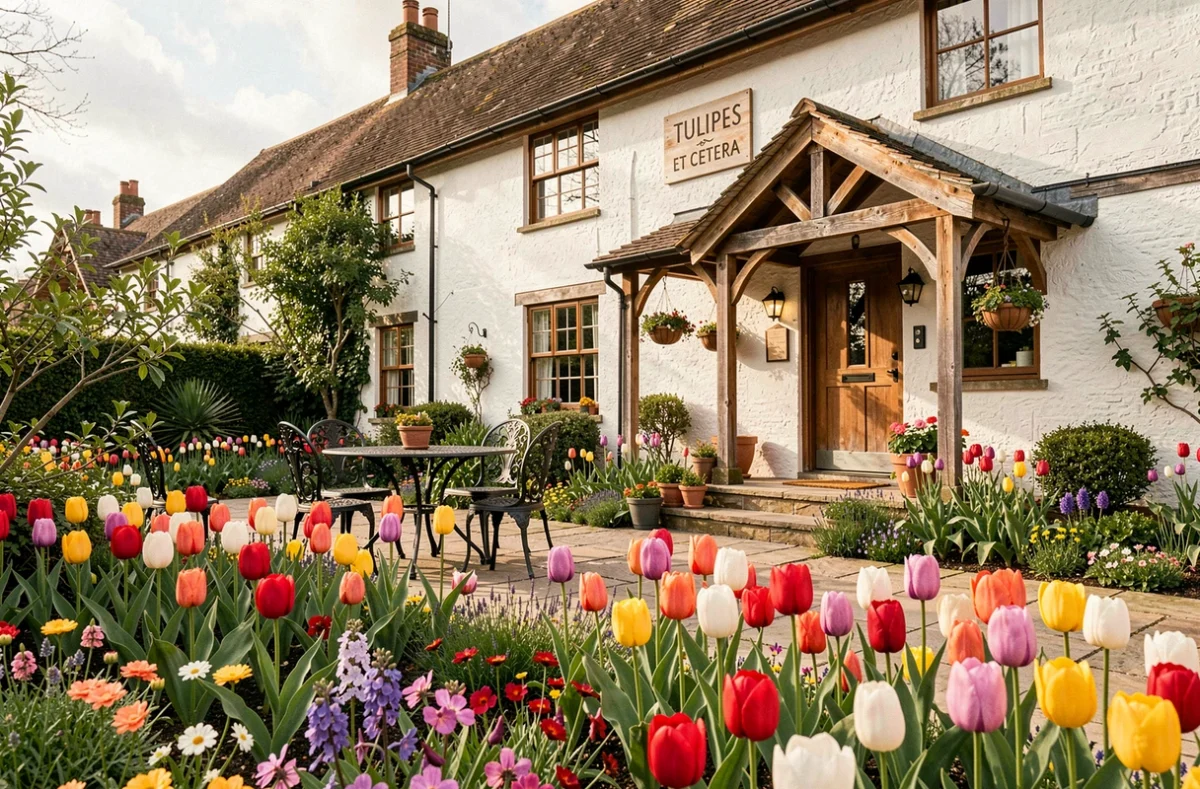 Jardin fleuri de tulipes et façade colorée de la chambre d'hôtes Tulipes Et Cetera dans le Haut-Rhin