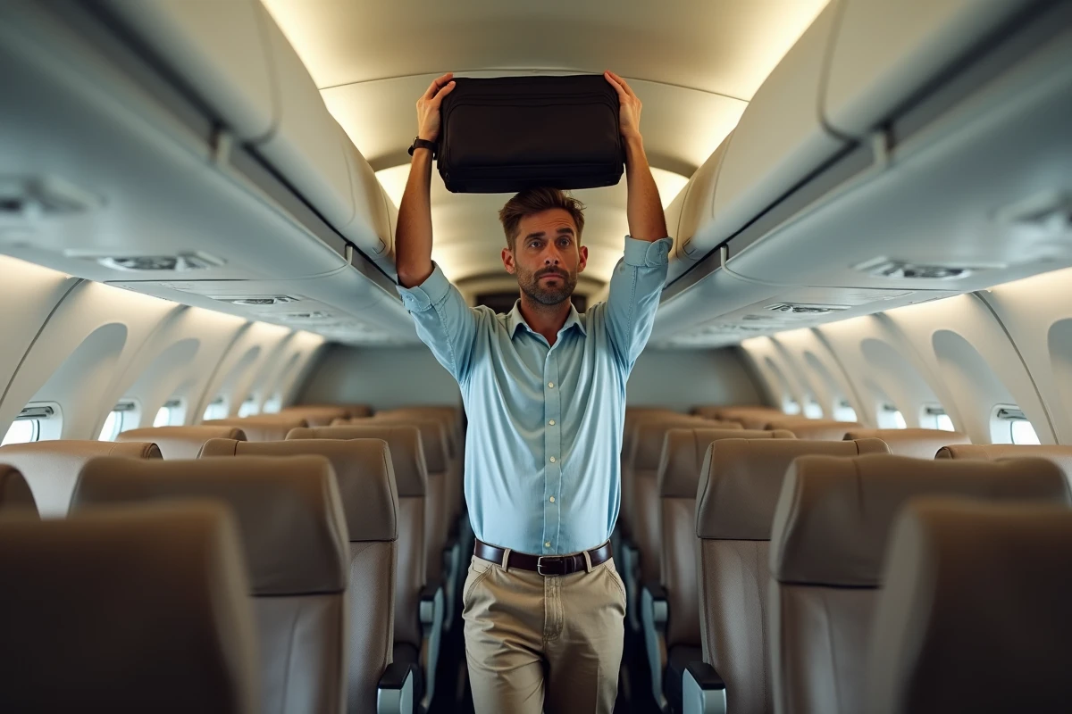 Voyageur essayant de ranger sa valise cabine trop grande dans le compartiment supérieur d'un avion